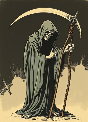 Death stands in a graveyard with his scythe