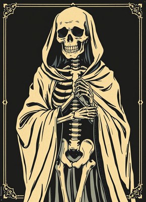 Skeleton in white robe on black background