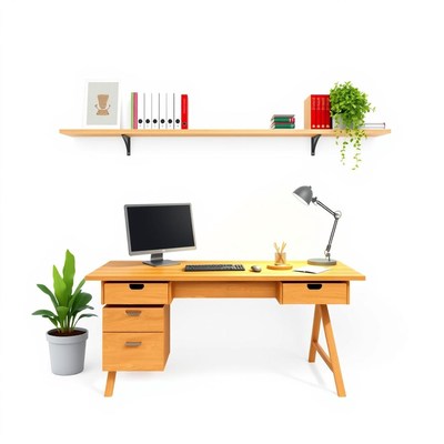 A simple desk with a computer and a lamp