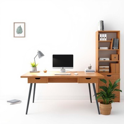 A modern desk with a computer and lamp sits near a bookcase
