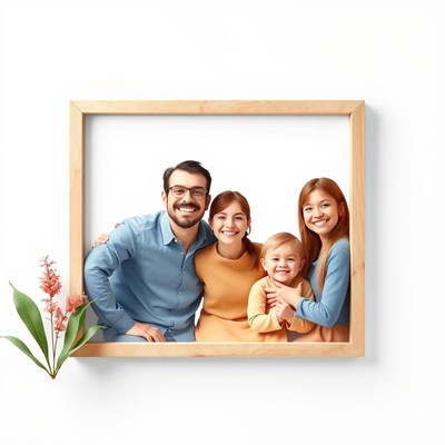 A happy family smiles in a framed photo