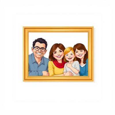 A happy family smiles in a framed photo