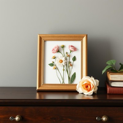 A framed picture of pressed flowers sits on a dresser