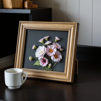 A framed paper flower bouquet sits on a table