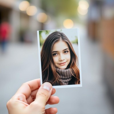 A hand holds a photo of a young woman smiling