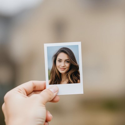 A hand holds a photo of a woman