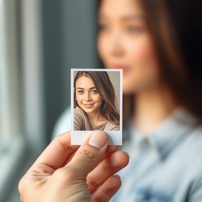 A woman holds a photo of herself