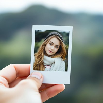 A hand holds a polaroid photo of a woman in a hat