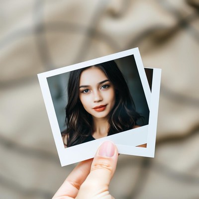 A hand holds a photo of a woman