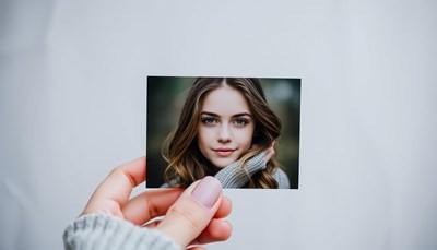 A hand holds a photo of a young woman
