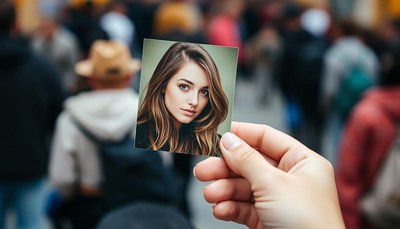 A hand holds a photo of a woman in a crowd