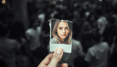 A hand holds a polaroid of a woman in a crowd