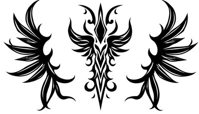 Black and white tribal design with central wings