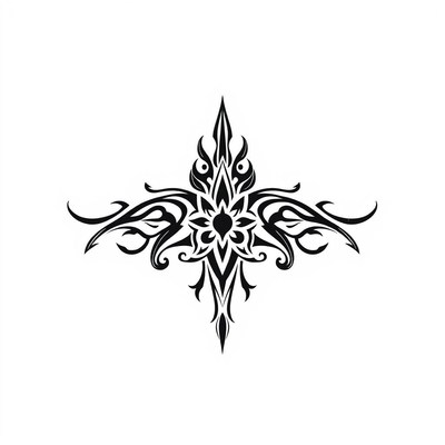 A black and white tribal design with a flower in the center