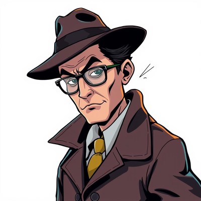 A cartoon detective stares intently