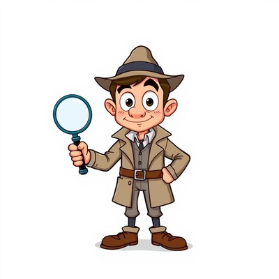 A cartoon detective holds a magnifying glass