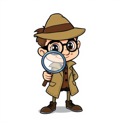 A cartoon detective looks through a magnifying glass