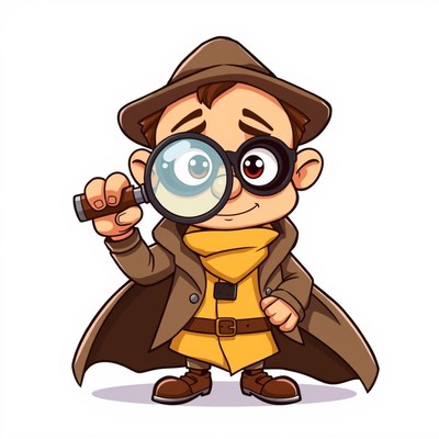 A cartoon detective looks through a magnifying glass