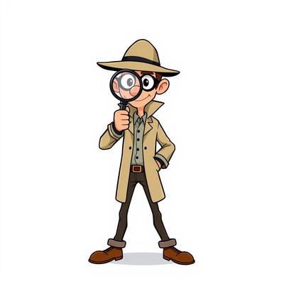 A cartoon detective looks through a magnifying glass
