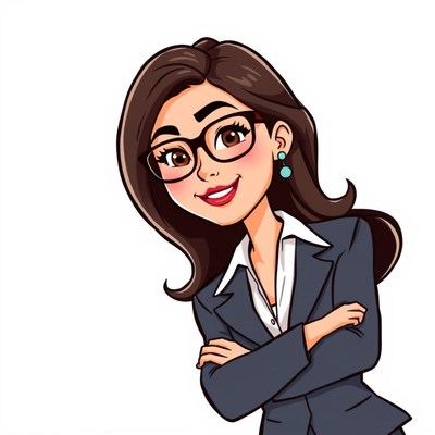 A businesswoman with glasses stands with her arms crossed