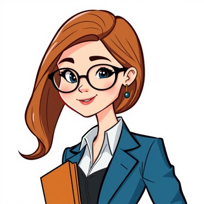 A cartoon woman with glasses holds a folder