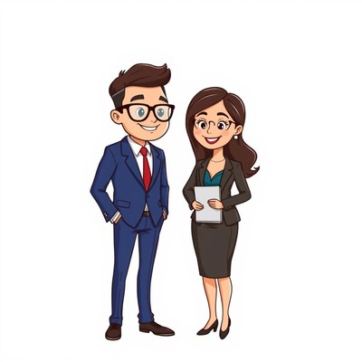 A man and woman in business attire stand together