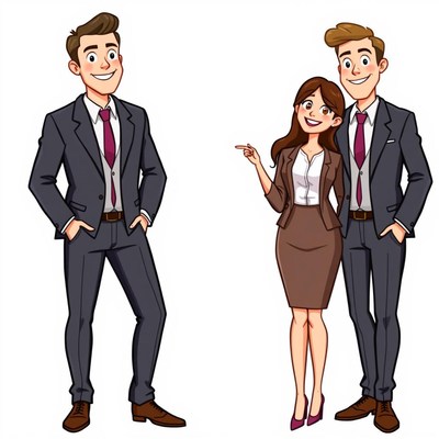 A business man and woman stand smiling