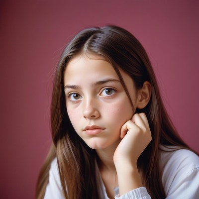 Girl with brown hair poses by pink backdrop