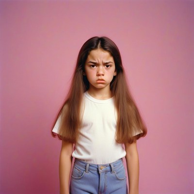 Young girl with long brown hair before pink backdrop