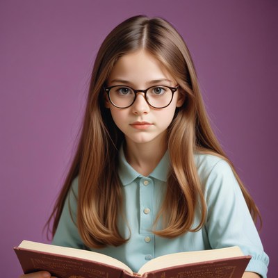 A young girl wearing glasses reads a book