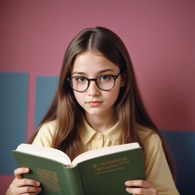 A young girl reads a book while wearing glasses