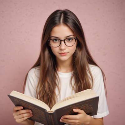 Young woman with long brown hair reads by a pink wall