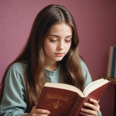 A young girl reads a book in her room