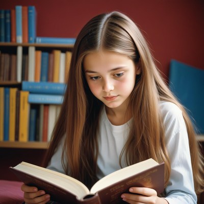 A young girl reads a book in a library