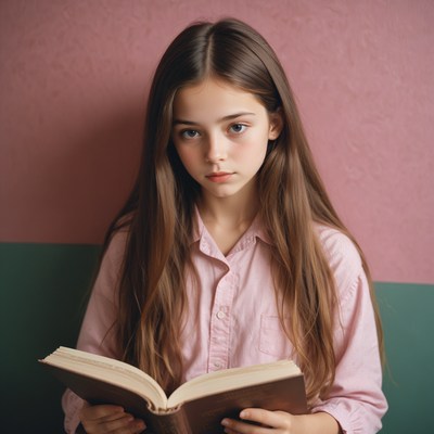 Girl reading book against pink wall