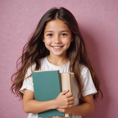 Girl smiles with books by a pink wall
