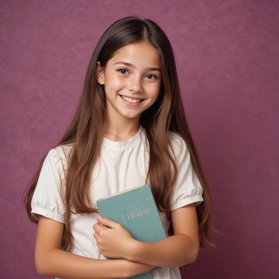 A girl holds a book in front of a purple wall