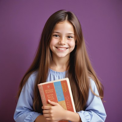 A young girl smiles while holding a book