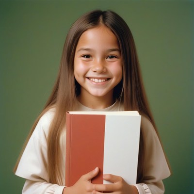 A young girl smiles while holding a book