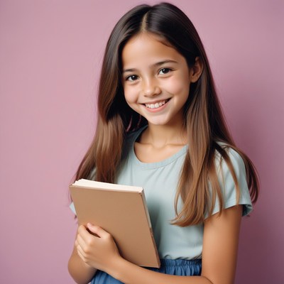 A young girl smiles while holding a book