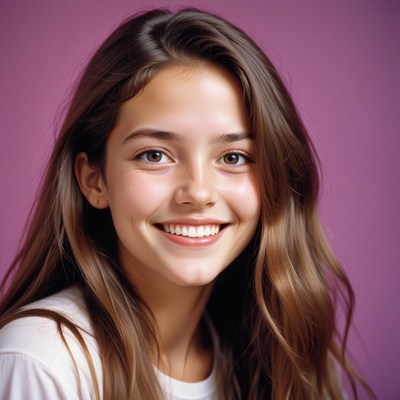 Young woman smiles against a purple backdrop