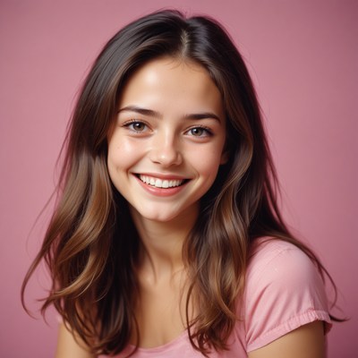 A young woman smiles in front of a pink background
