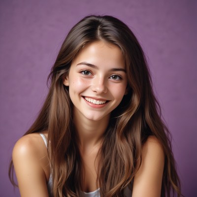 A young woman smiles brightly against a purple background