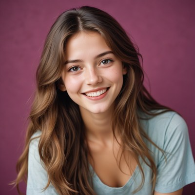 Young woman with brown hair smiles against pink backdrop