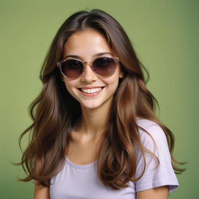 Woman in sunglasses smiles against green background