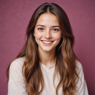A woman smiles in front of a pink background