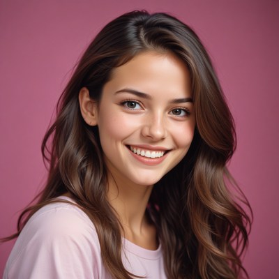 A young woman with long brown hair smiles at the camera
