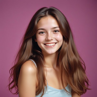 A woman smiles in front of a pink background