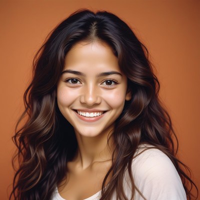 A woman smiles in front of an orange background