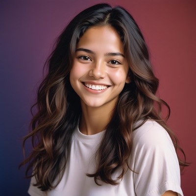 A woman smiles in front of a red and purple backdrop